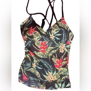 Calia Paradise Palm Black Strappy Ruched Tankini Bathing Suit Top Size XS